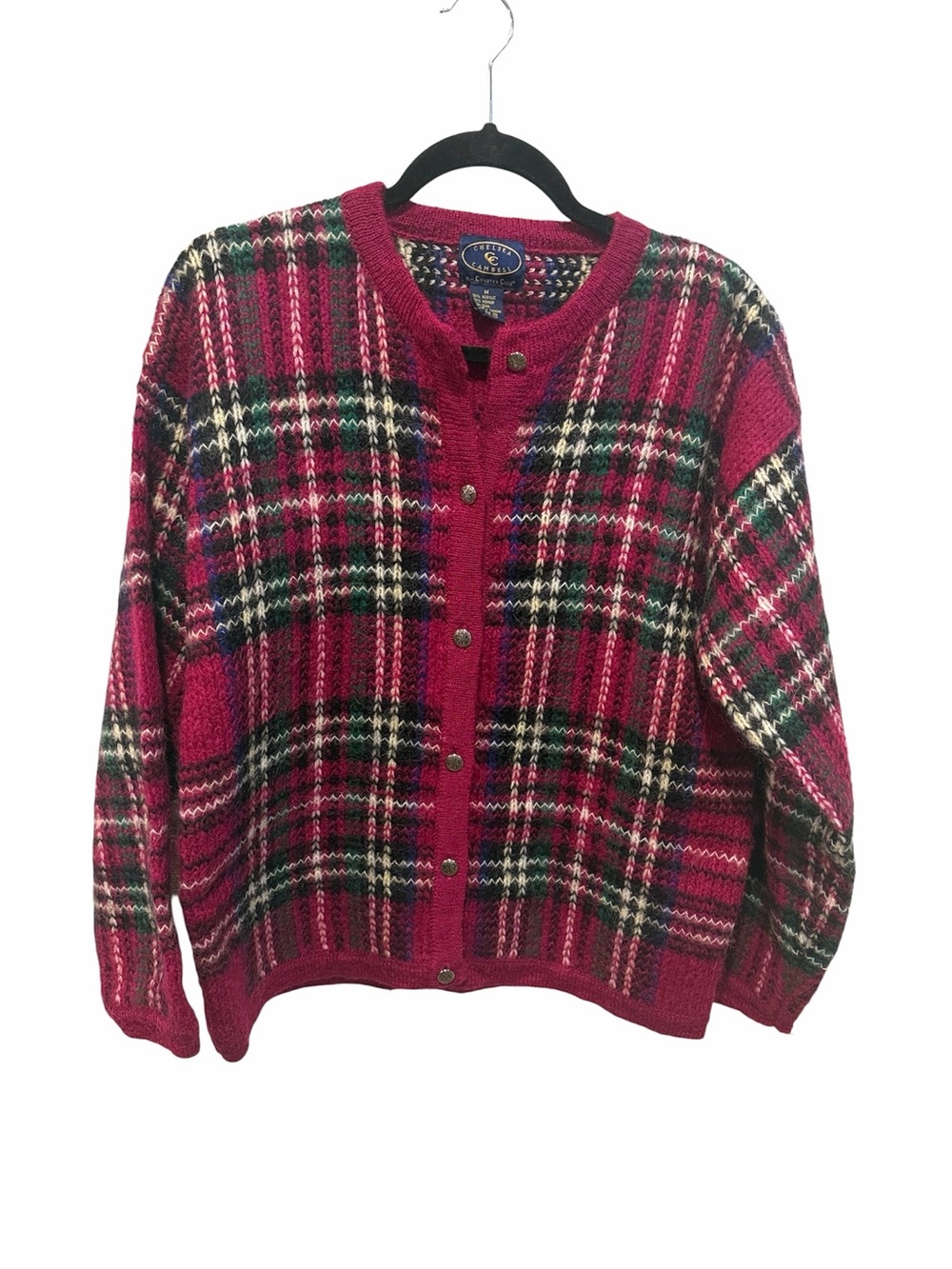 Chelsea Cambell for charter club vintage red plaid mohair blend cardigan M